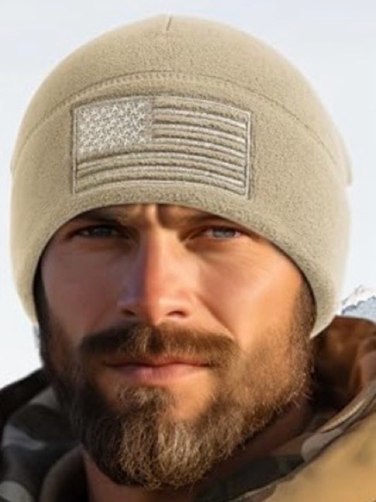 Other - Outdoor Shaping American Flag Fleece Beanie Beige w/Embroidered Patch Hat - NWOT